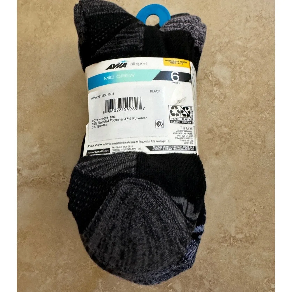 Avia Socks Women 9-12 Black Mid‎ Crew 6 Pair All Sport Athletic NEW